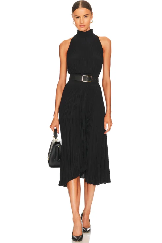 Black Midi Dress with SmockedNeckline and Back Button Closure