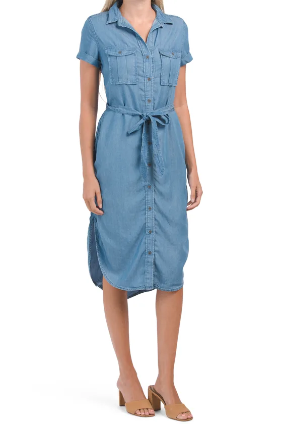 Chambray Short Sleeve Midi Shirt Dress With Curved Shirt Tail Hem