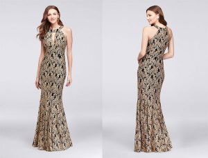 David's Bridal Gold Lace High-Neck Halter Mermaid Gown