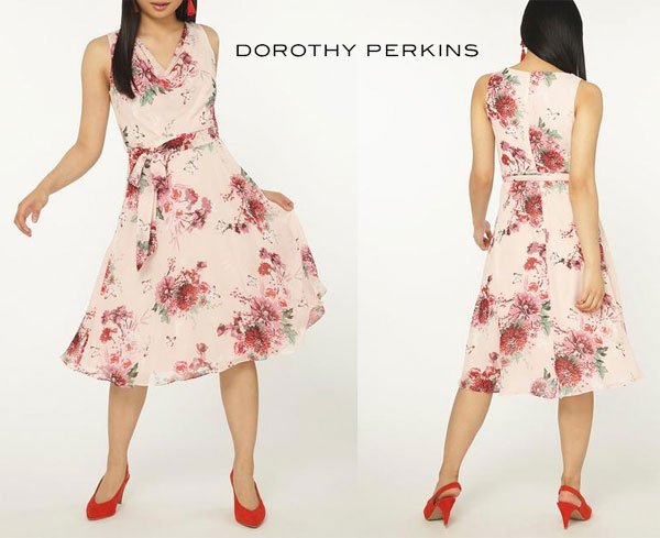 Dorothy Perkins Petite Blush Floral Print Midi Skater Dress