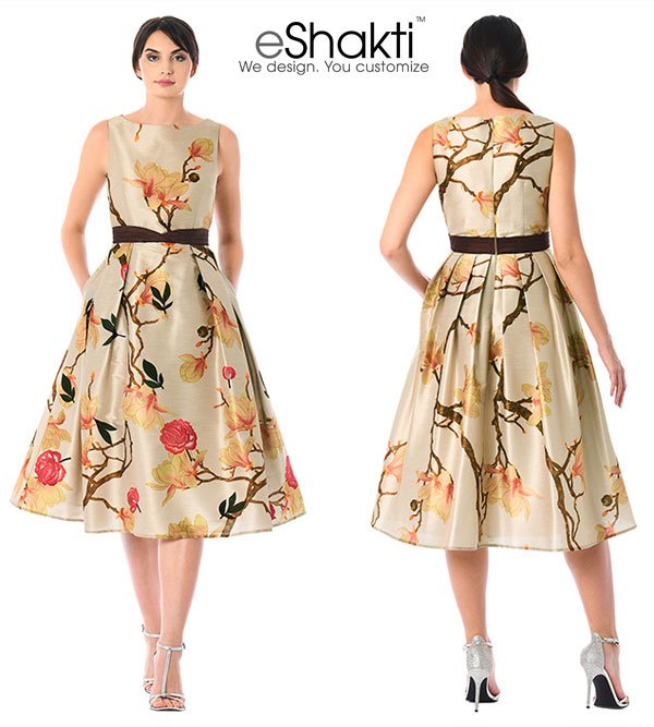 eShakti Floral Print Curved Pleat Waist Dupioni Dress