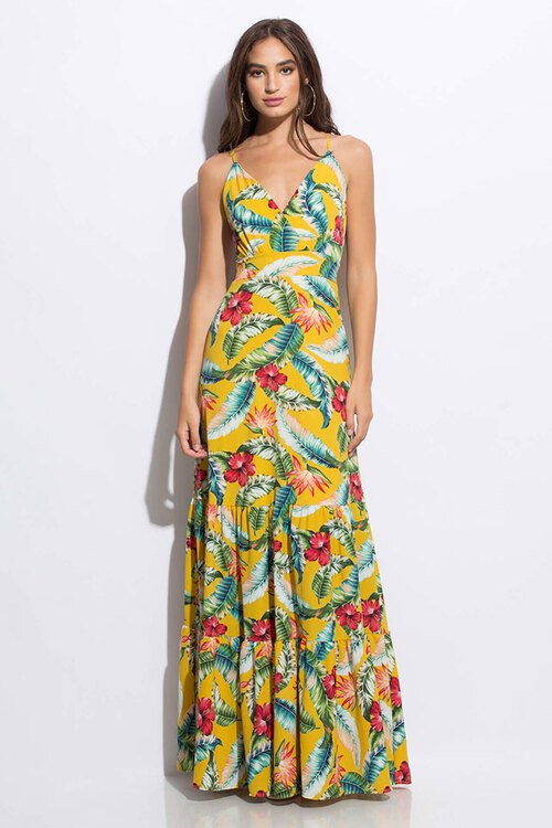 Gojane Hibiscus Honey Tiered Tropical Maxi Dress