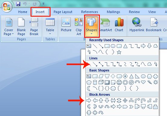 Line Arrows and Block Arrows in Up, Down, Right and Left Directions in Microsoft Word