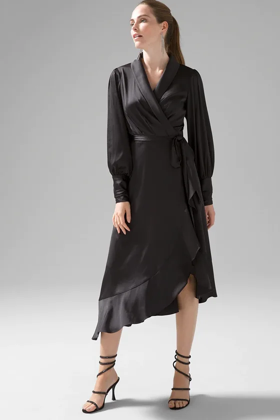 Long Sleeve Satin Ruffle Wrap Dress for Women in Midi Length