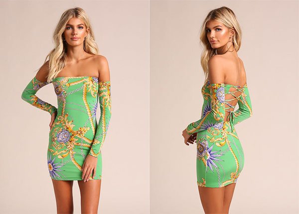 Love Culture Green Back Lace Up Off Shoulder Bodycon Dress