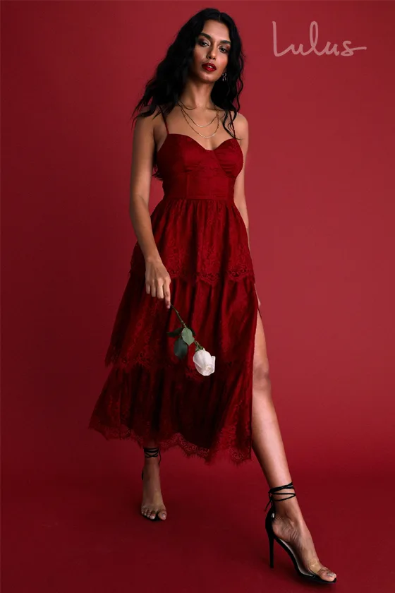 Lulus Tiered Lace Bustier Dresses in Red Color