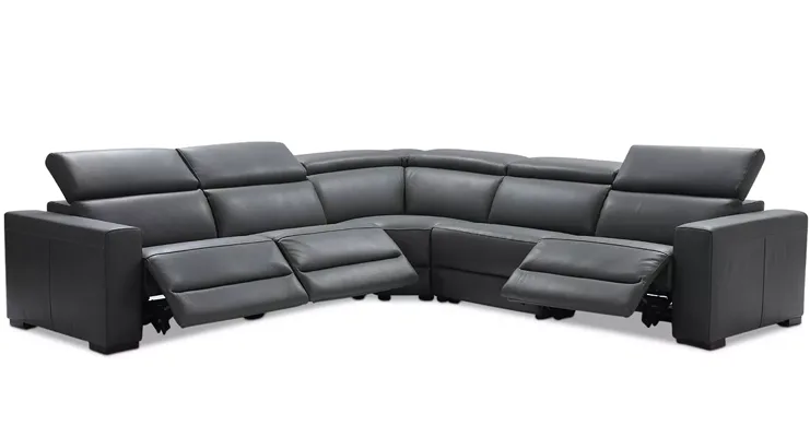 5-Piece Leather L-Shaped Sectional with 3 Power Recliners in Smoke Grey Color