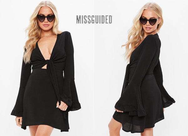 Missguided > Black Tie Front Long Sleeve Tea Dress