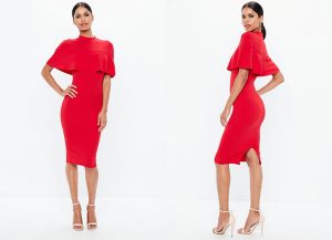 Missguided Red Frill Overlay Shoulder Midi Dress