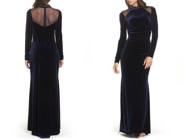 Nordstrom Mesh Panel Embellished Velvet Gown