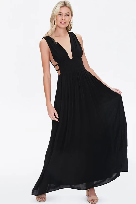 Plunging Maxi Dress in Rich Black Color