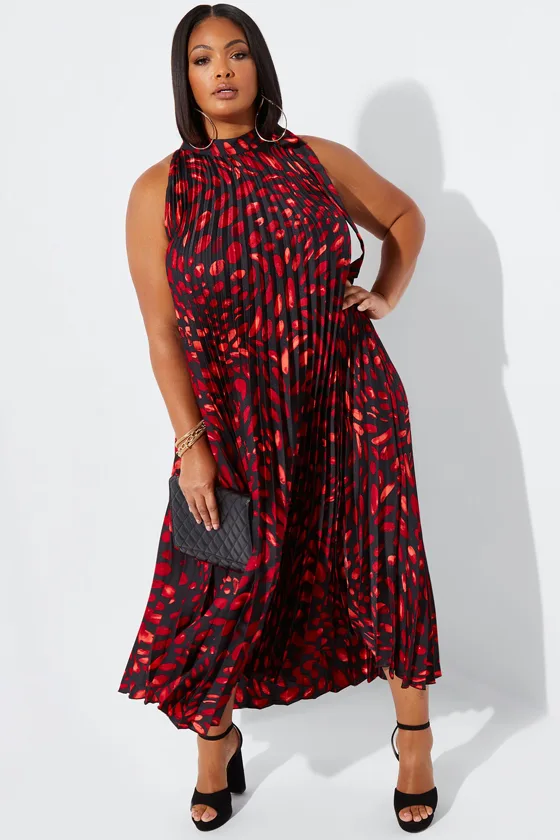 Plus Size Pleated Printed Satin Maxi Dresses