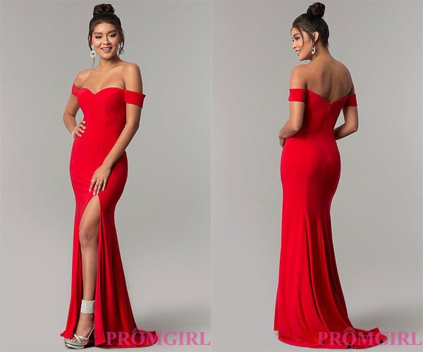 PromGirl Red Off-the-Shoulder Sweetheart Prom Dress