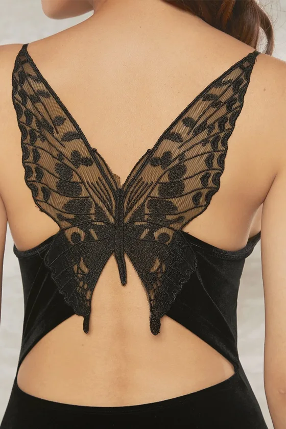 Butterfly Lace Insert Open Back Velvet Bodycon Dress