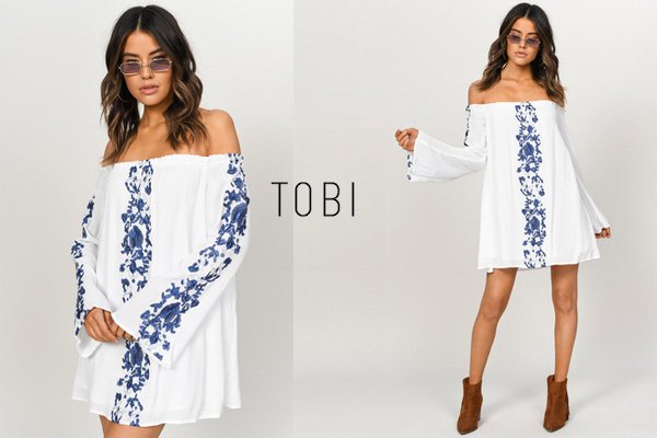 Tobi Boho Babe White and Navy Embroidery Shift Dress