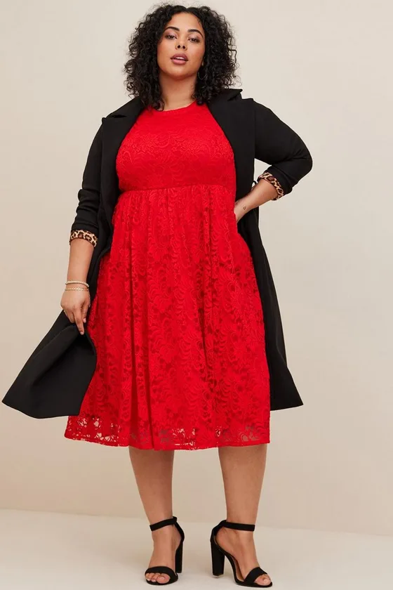 Midi Lace Fit and Flare Plus Size Birthday Party Dress in Red Color