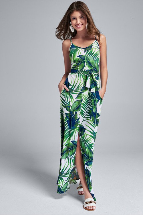 Venus Palm Print Self Tie Maxi Dress