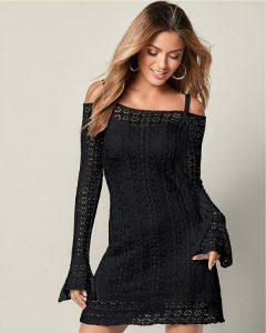Venus Timeless Crochet Mini Dress in Black Color