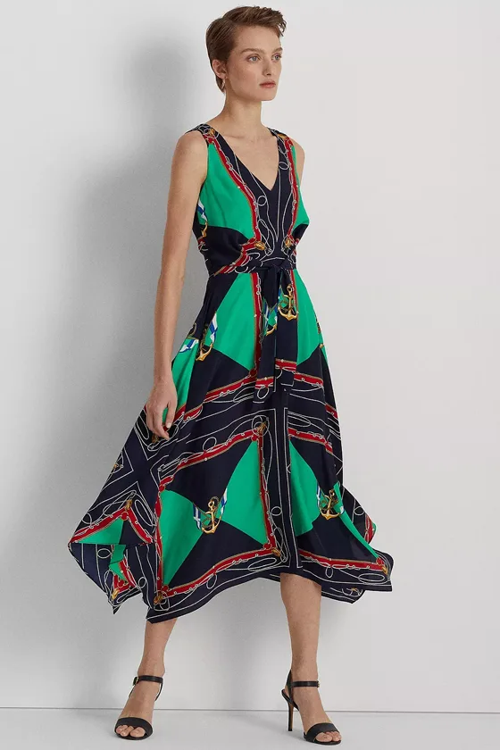 Women's Sleeveless Printed Crepe Midi Dress